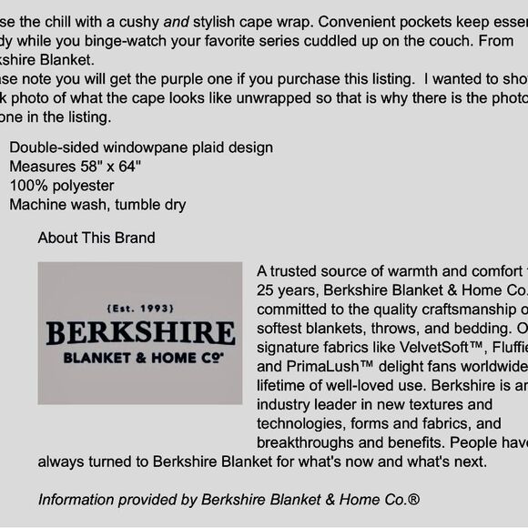 NWT PURPLE Berkshire Blanket Double-Sided Plaid Wearable Throw. - Picture 6 of 6